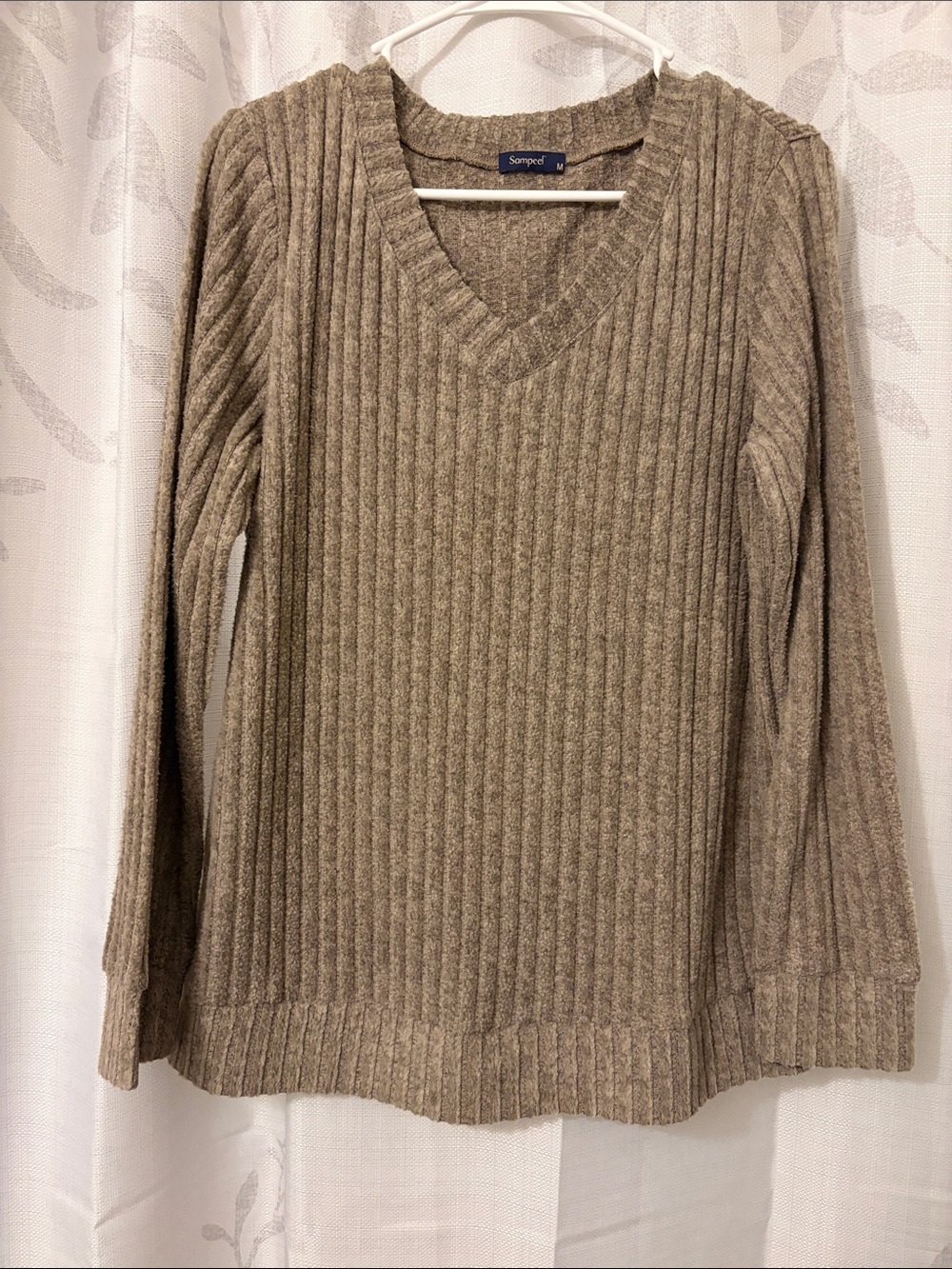 Sampeel  V-Neck Ribbed Long Sleeve Top in Taupe